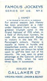 1936 Gallaher Famous Jockeys #3 Jack Hamey Back